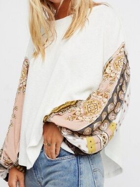 Free People Blossom Thermal Balloon Sleeve Oversized Boatneck Striped Floral